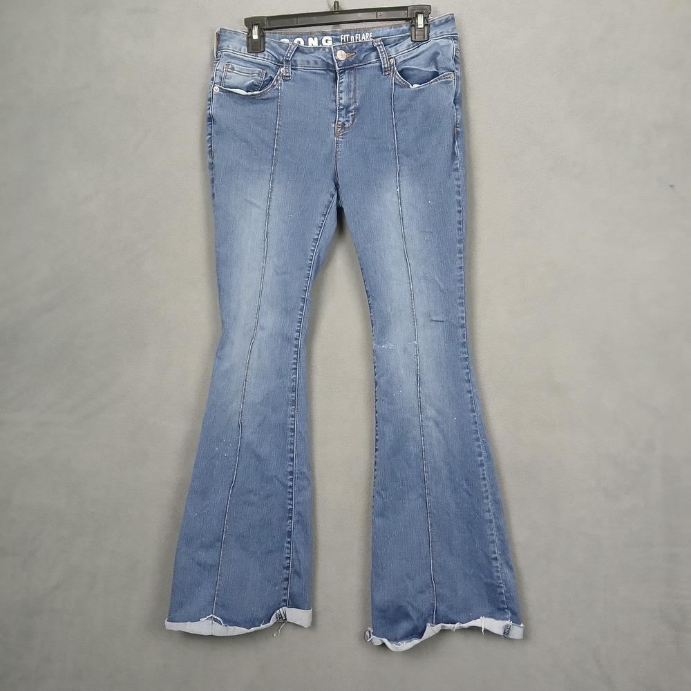 SONG Fit n Flare Jeans Womens 11/30 Blue Denim Low Rise Seam Front Raw Hem
